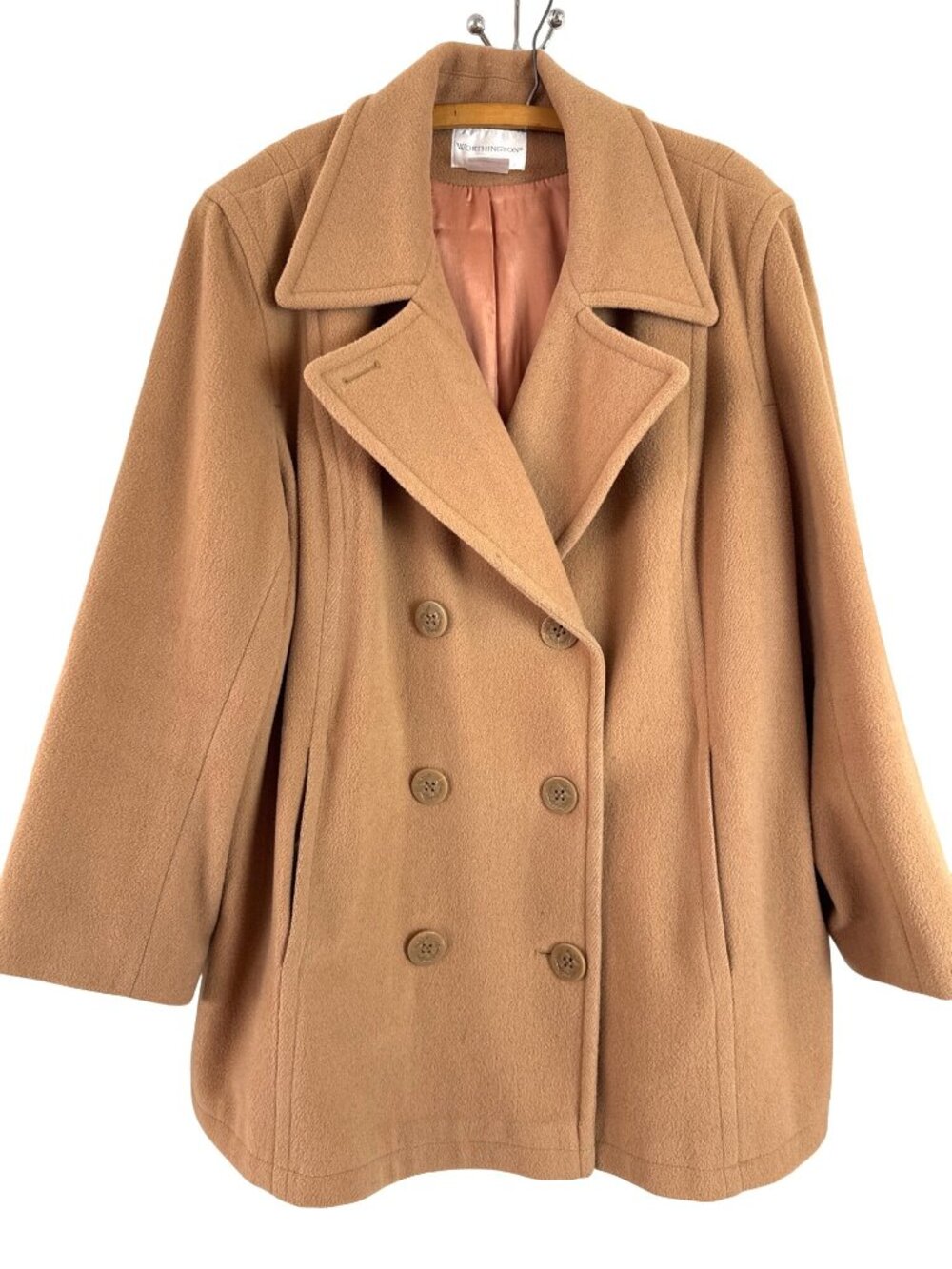 Worthington Women's Plus Size Tan Double-Breasted Peacoat Size 22W Wool Coat